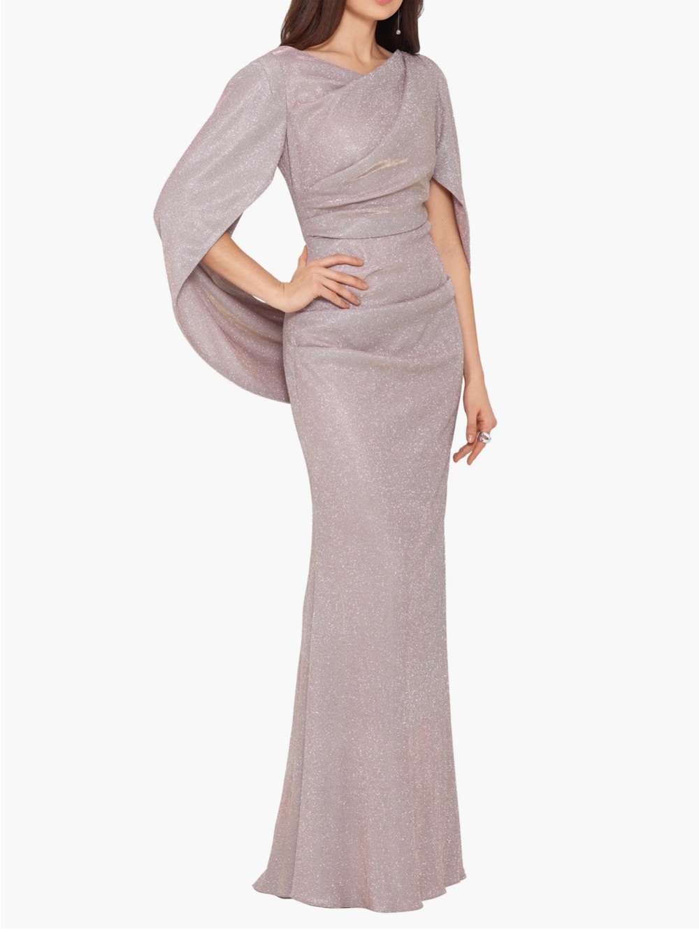 Betsy & Adam Shimmering Dusty Rose Cape-Sleeve Maxi Gown